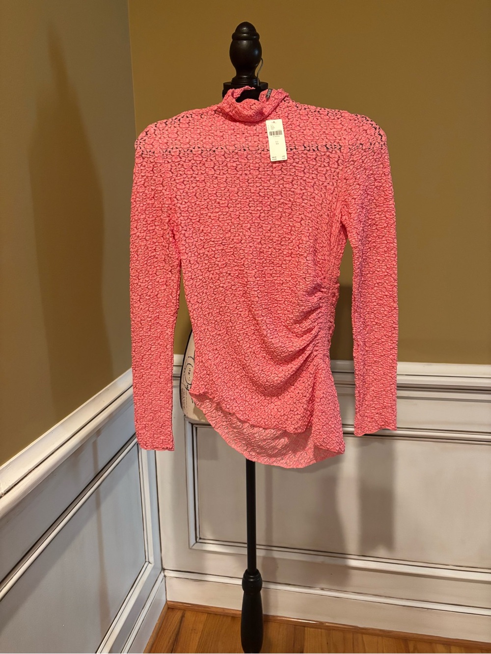 Anthropologie Pink Textured Ruched Long-Sleeve Turtleneck Top